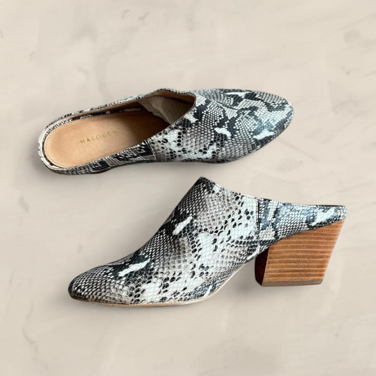 Halogen Snakeskin Leather Mule Slippers With Wooden Stacked Heel Size 8.5